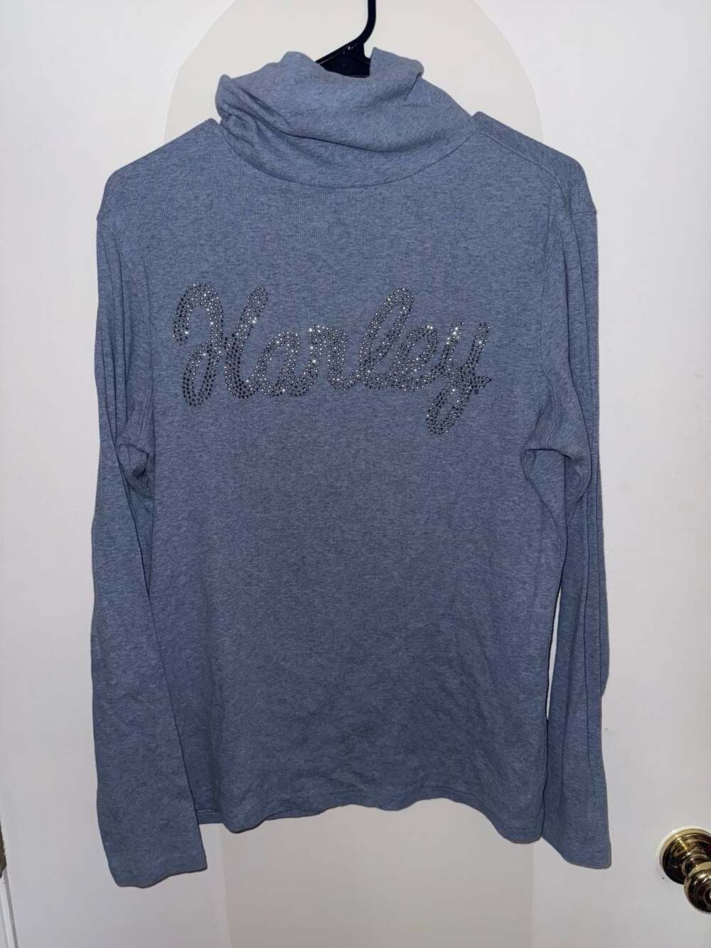 Harley-Davidson Women's Blue Rhinestone Script Turtleneck Long Sleeve Top